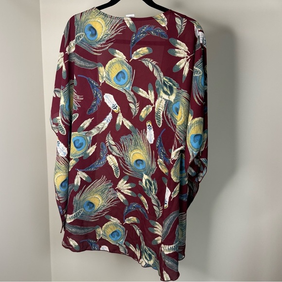 Boho Peacock Feather Print Kimono Cardigan | Maroon Drape Open Front (Loose Fit) - Picture 3 of 4